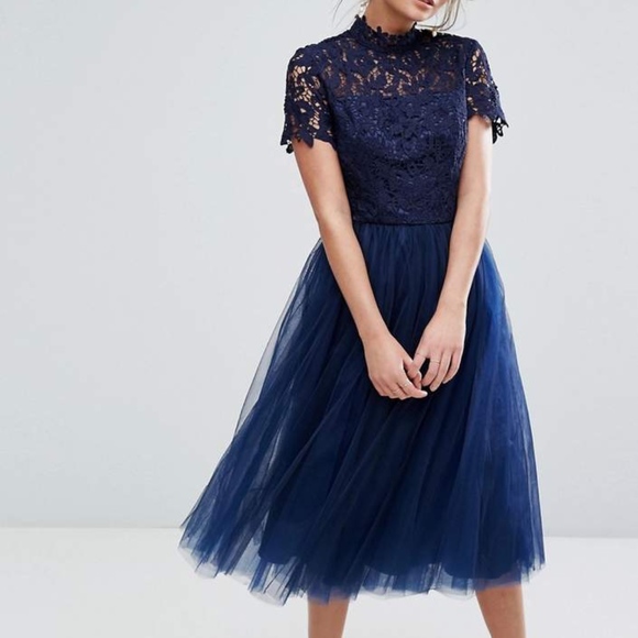 Chi Chi London High Neck Lace Midi Dress With Tull - Picture 4 of 8